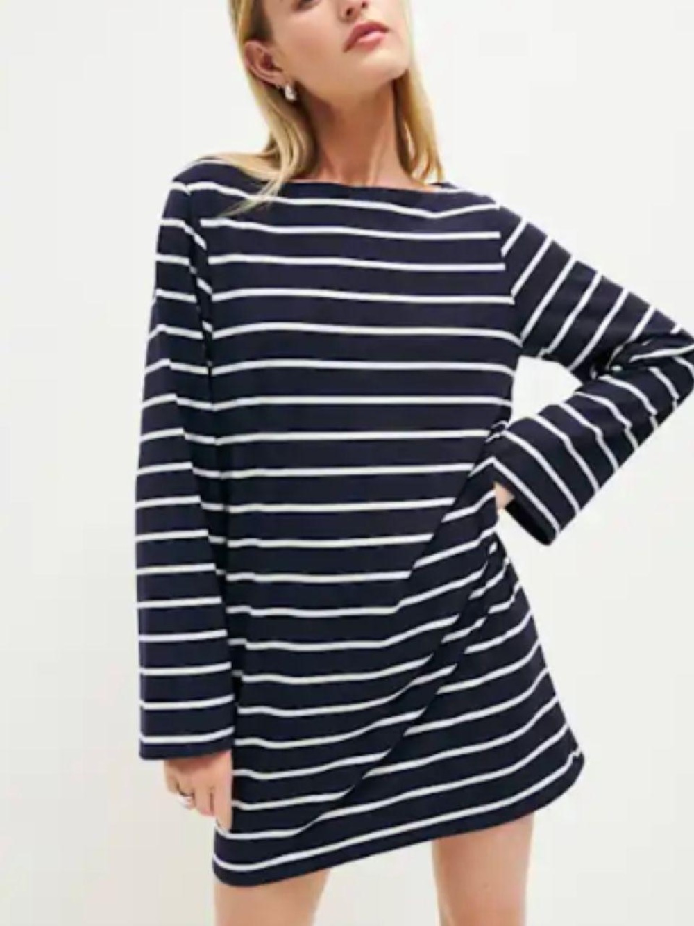 REFORMATION Striped Boatneck Long-Sleeve Dress - Navy & White